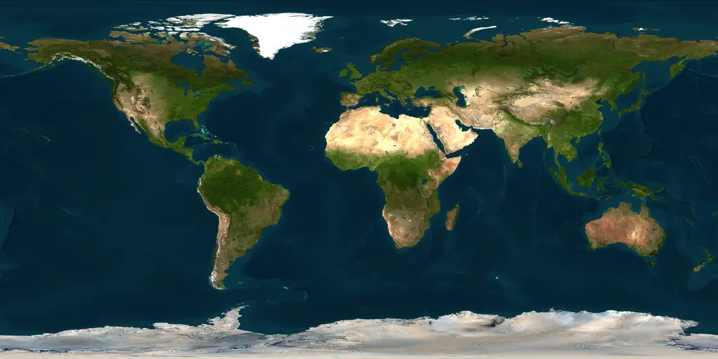Beautified equirectangular projection with bathymetric data in the oceans and nicer shades of blue-green