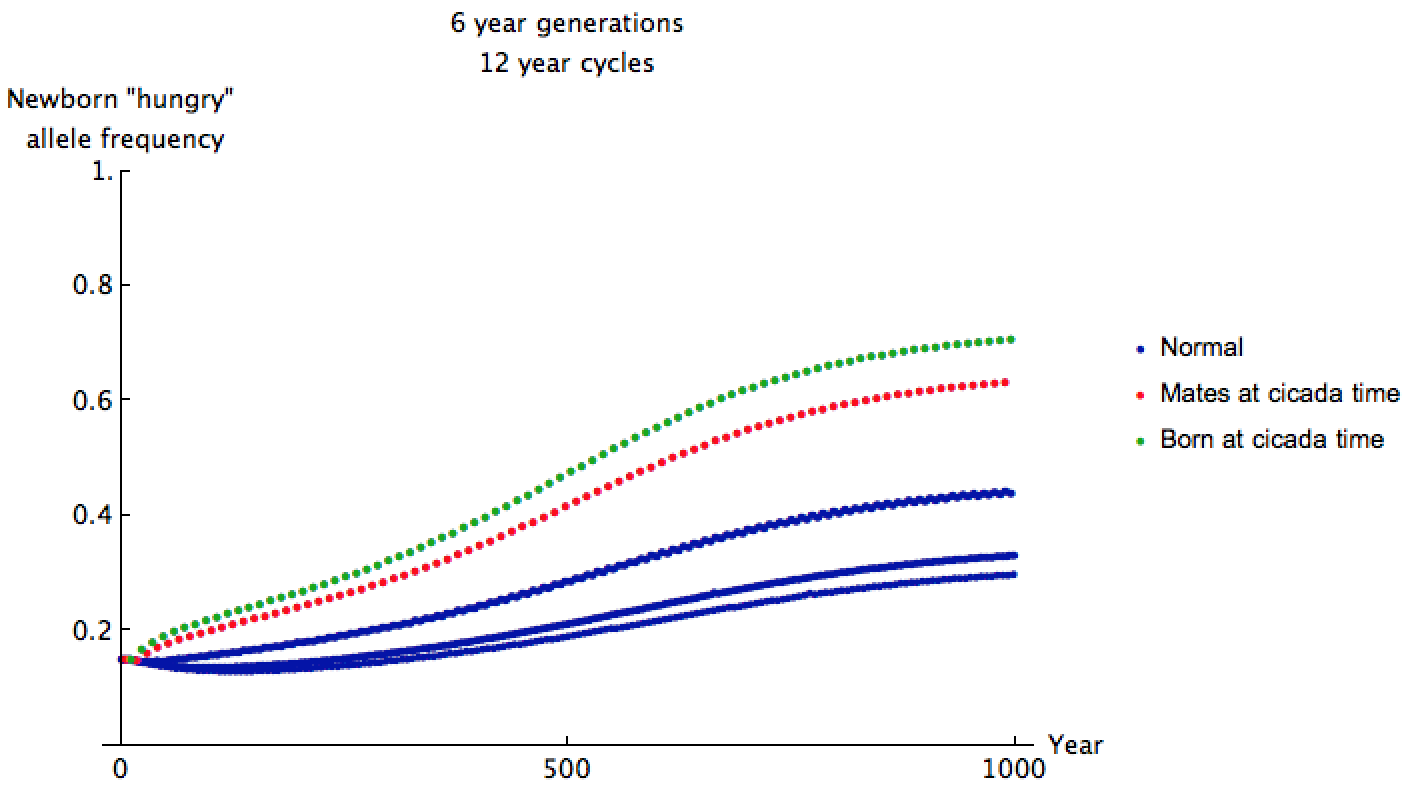 Plot of hungry allele frequency by year, gradually increasing, but with particularly high values at multiples of 6 and especially 12